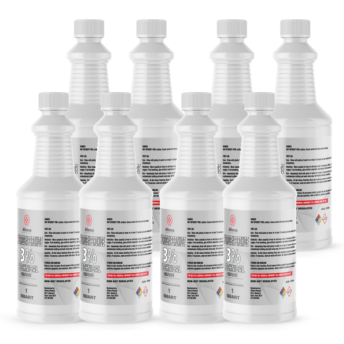 Seven 1-quart plastic bottles of Alliance Chemical Hydrogen Peroxide 3% Technical Grade with white caps and safety labels