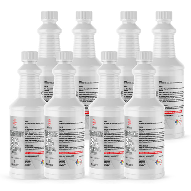 Seven 1-quart plastic bottles of Alliance Chemical Hydrogen Peroxide 3% Technical Grade with white caps and safety labels