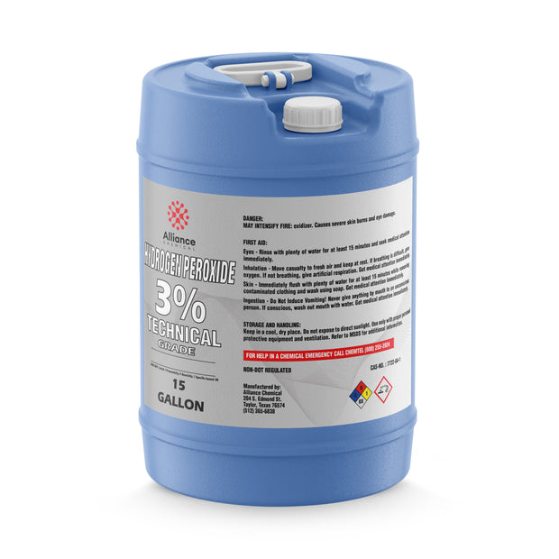 15-gallon HDPE carboy of Alliance Chemical 3% Technical Grade Hydrogen Peroxide, NFPA diamond, and oxidizer symbols