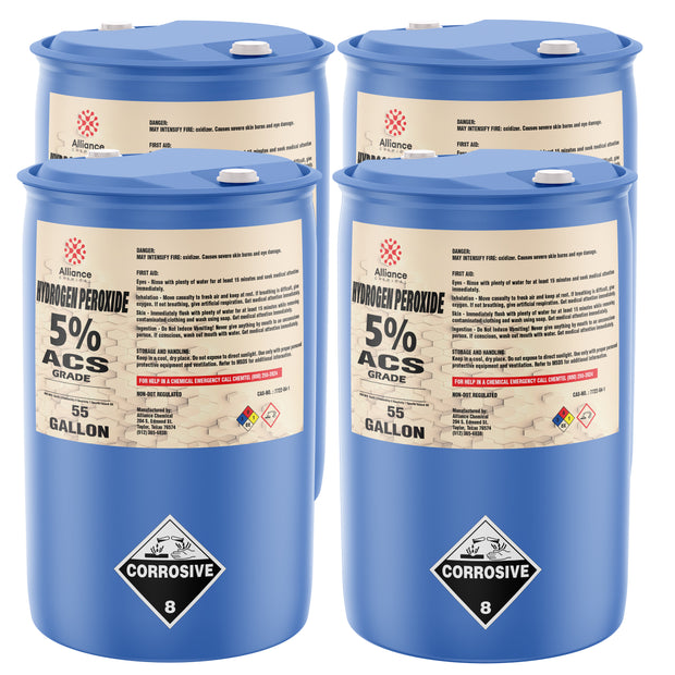 55-gallon blue drums of 5% ACS-grade Hydrogen Peroxide by Alliance Chemicals safety information, and caps