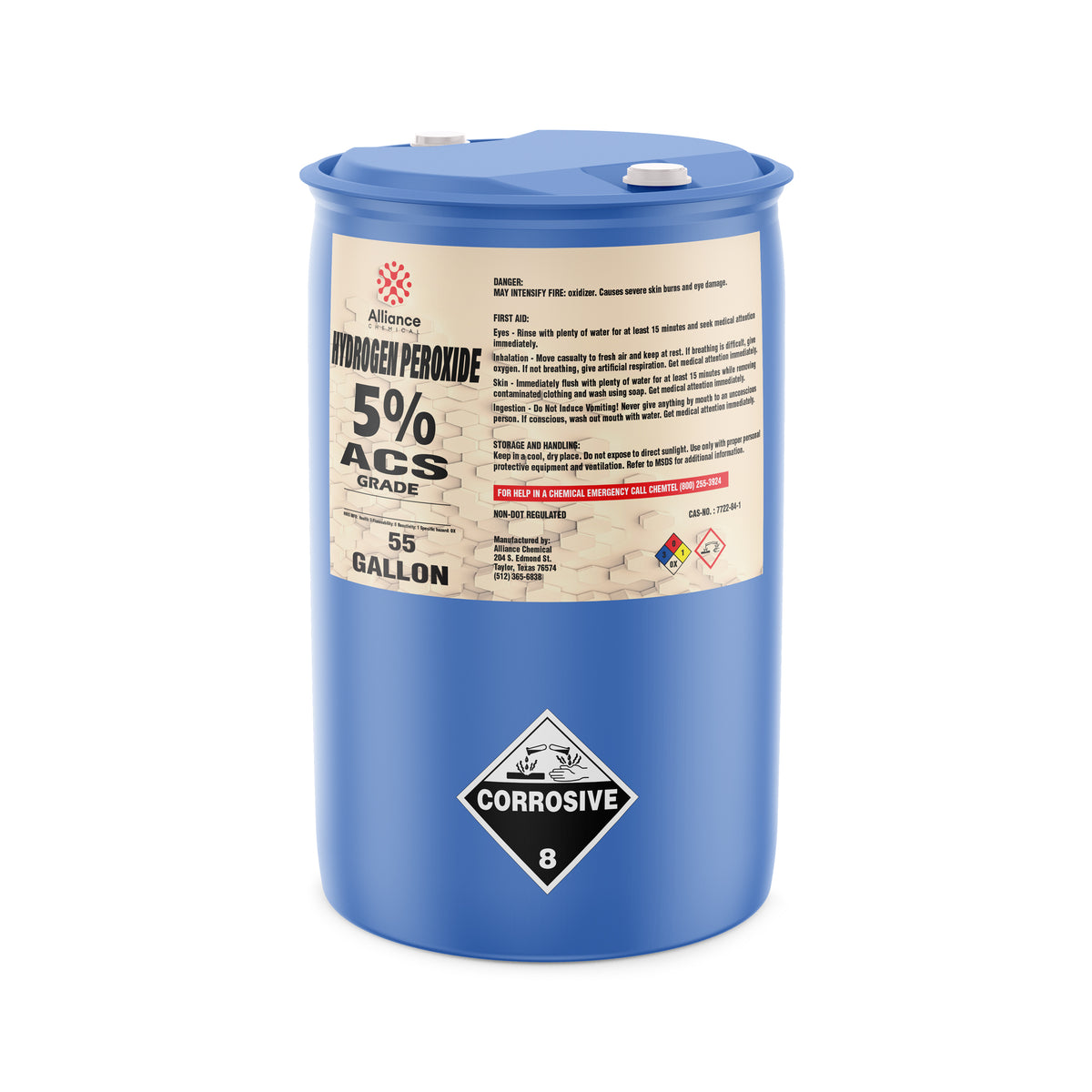 55-gallon blue drum of 5% ACS-grade Hydrogen Peroxide by Alliance Chemical