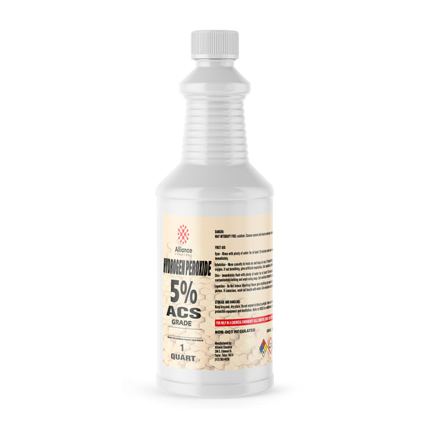 1-quart plastic bottle of Alliance Chemical Hydrogen Peroxide 5% ACS Grade with a ribbed neck and a white screw-top cap.