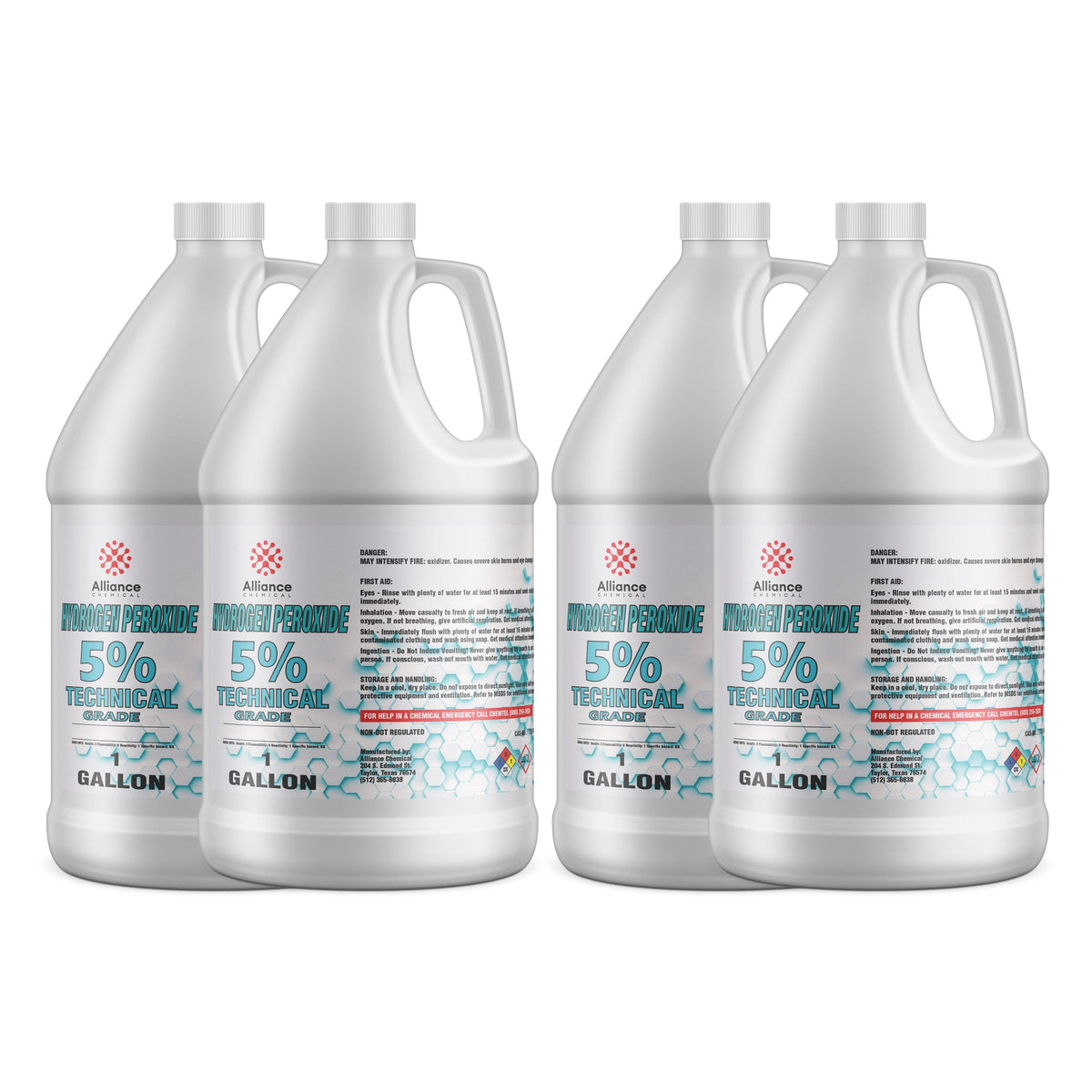 Alliance Chemical 4x1-gallon containers of Alliance 5% Technical Grade Hydrogen Peroxide in HDPE jugs