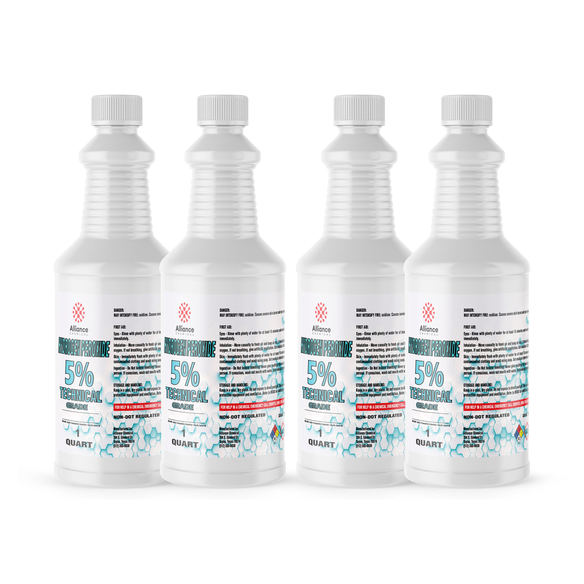 Four 1-quart HDPE jugs of Alliance Chemical Hydrogen Peroxide 5% Technical Grade with white caps and labels.