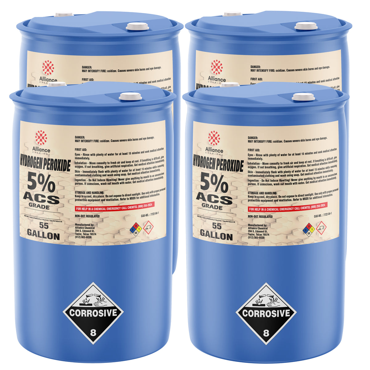 55-gallon blue drums of 5% ACS-grade Hydrogen Peroxide by Alliance Chemicals safety information, and white