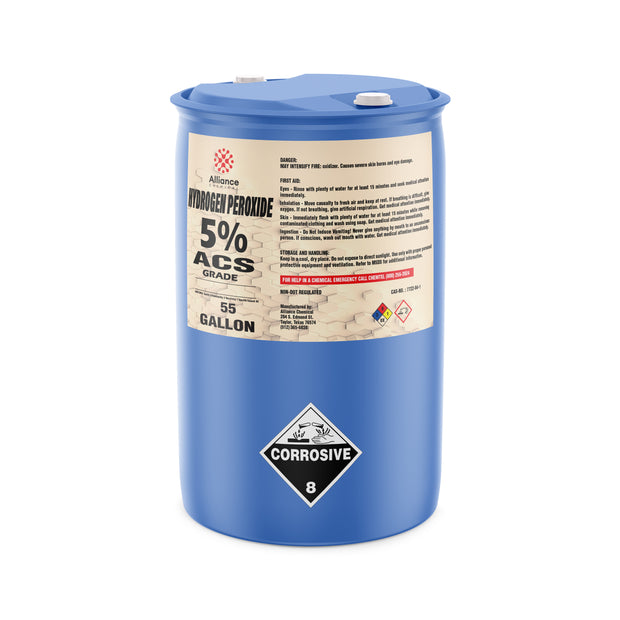 55-gallon HDPE drum of 5% ACS-grade hydrogen peroxide by Alliance Chemical
