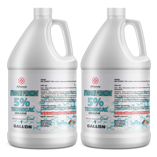 Two 1-gallon HDPE jugs of Alliance Chemical 5% Technical Grade Hydrogen Peroxide first aid instructions, and NFPA diamond