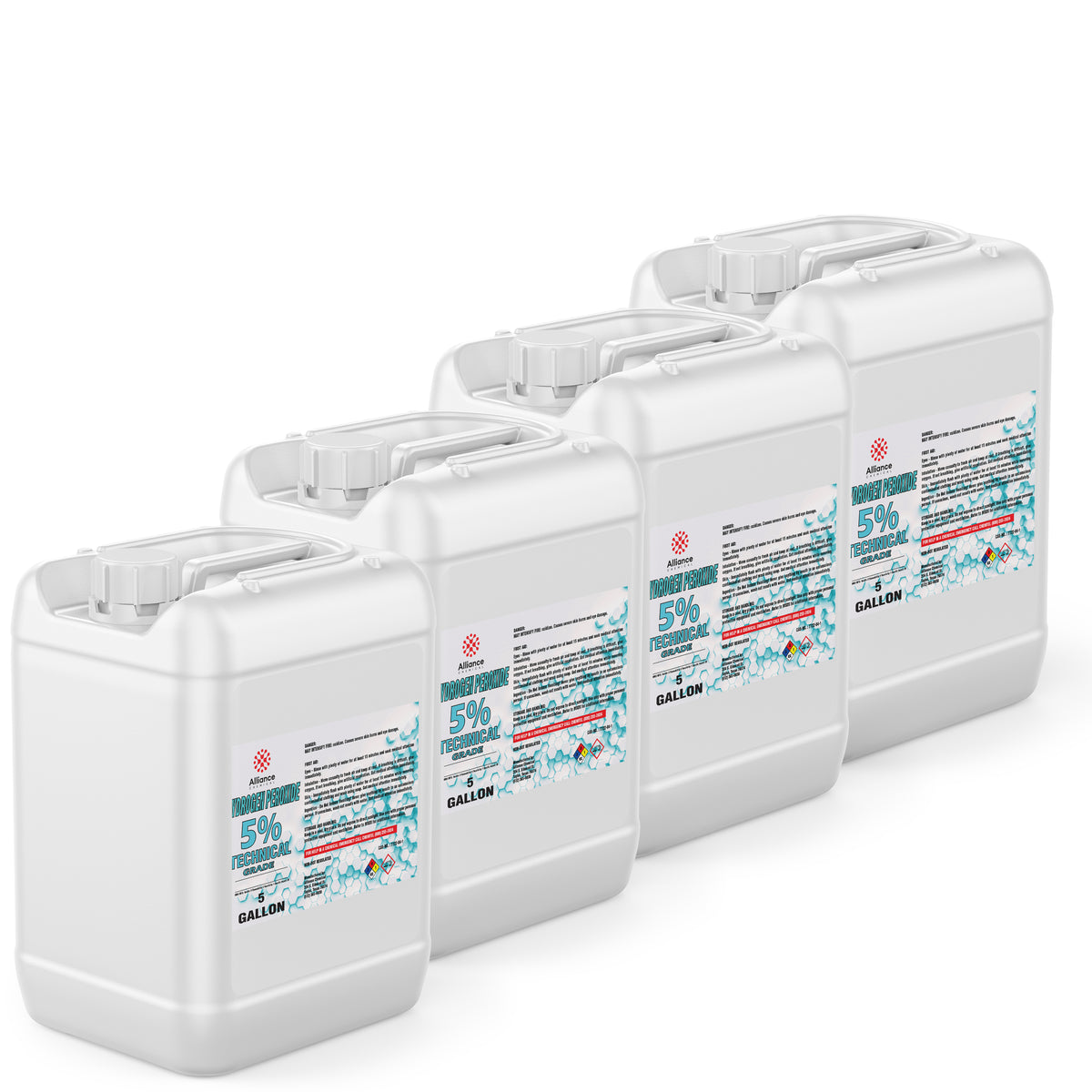 Four 5-gallon HDPE containers of 5% Technical Grade Hydrogen Peroxide by Alliance Chemical