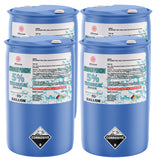 55-gallon blue drums of 5% Technical Grade Hydrogen Peroxide with corrosive warning labels, first aid instructions