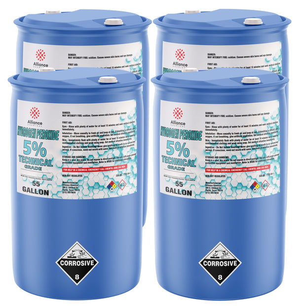 55-gallon blue drums of 5% Technical Grade Hydrogen Peroxide with corrosive warning labels, first aid instructions