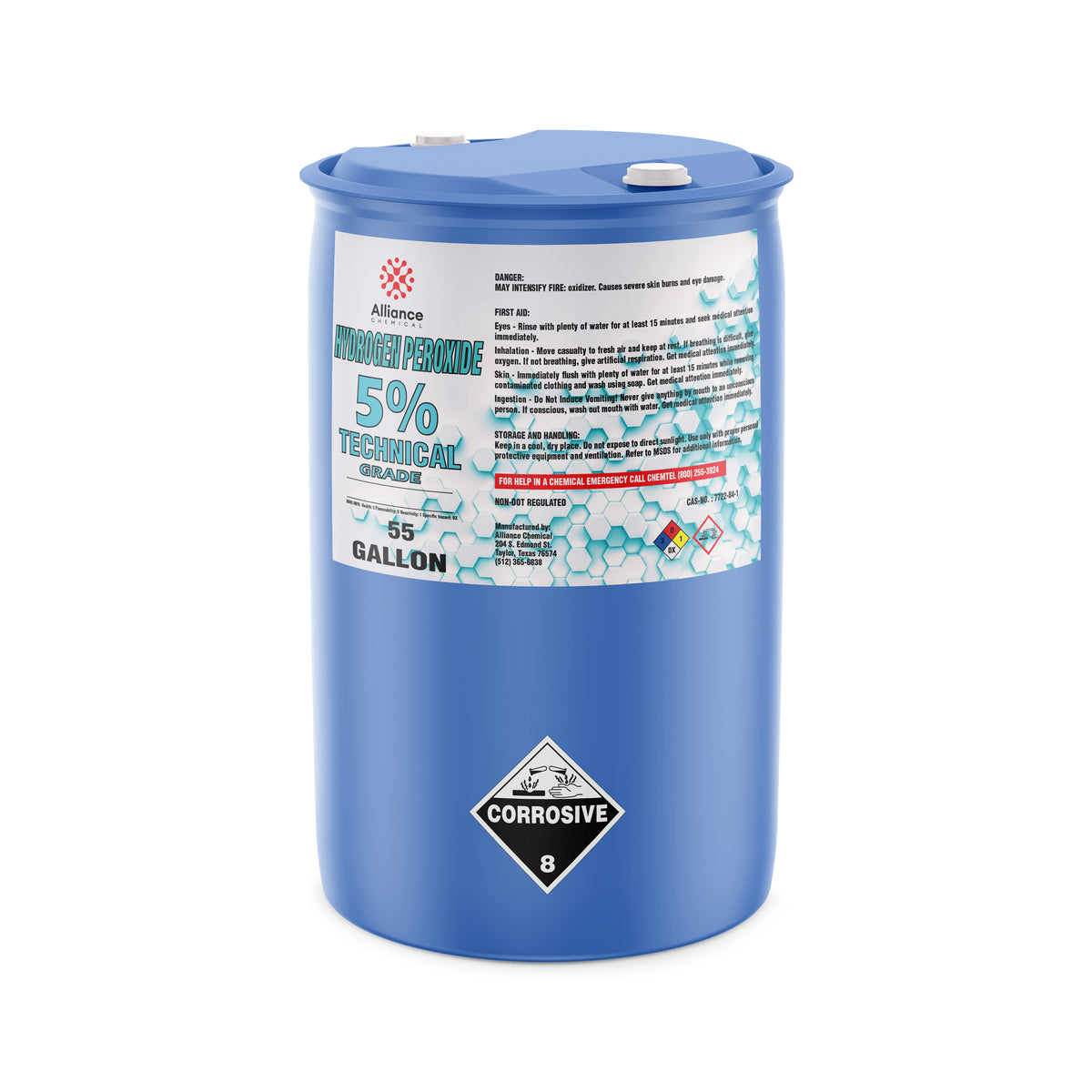 55-gallon blue drum of 5% Technical Grade Hydrogen Peroxide by Alliance Chemical safety instructions, and NFPA diamond label