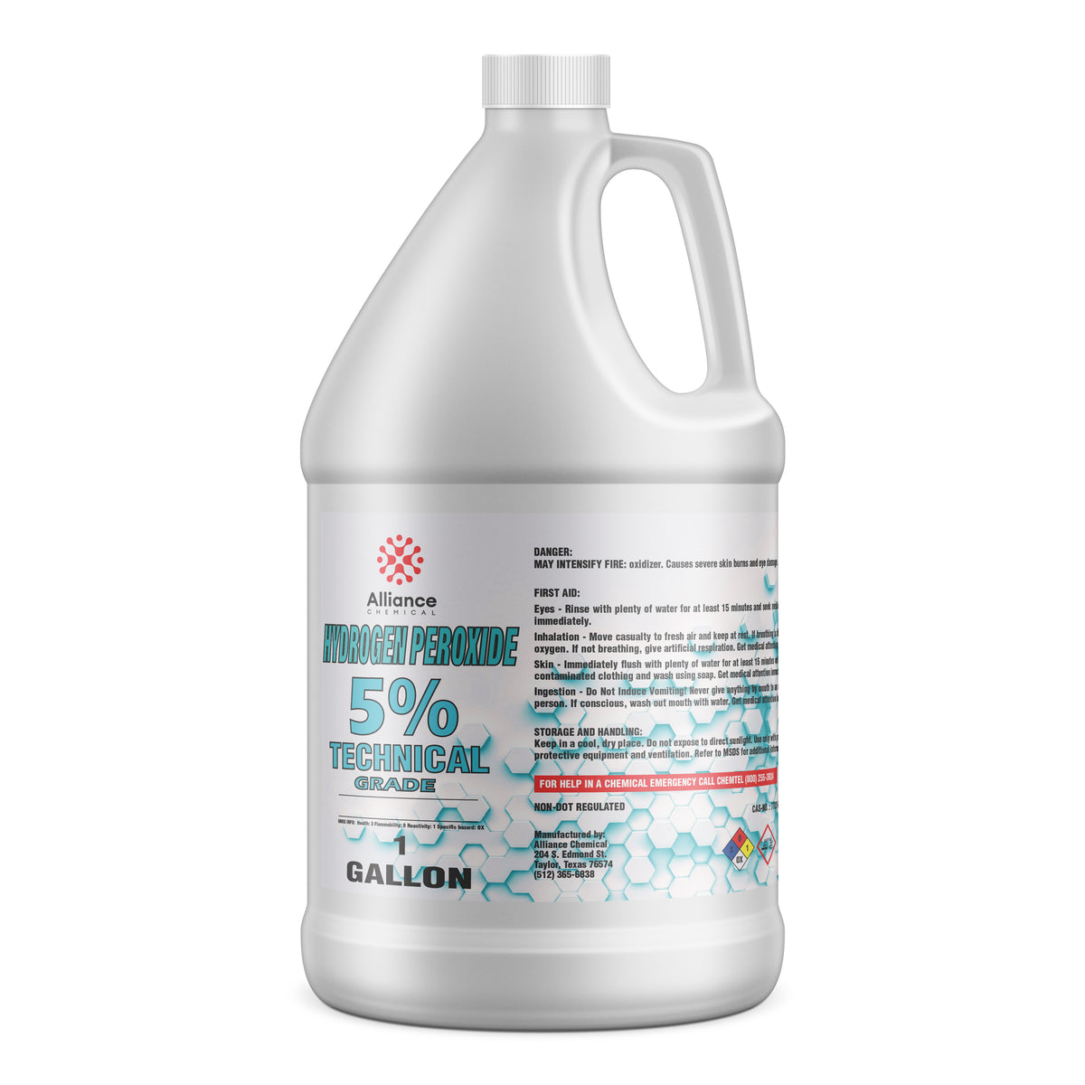 One-gallon HDPE bottle of Alliance Chemical 5% Technical Grade Hydrogen Peroxide, NFPA diamond, and hexagonal graphic design