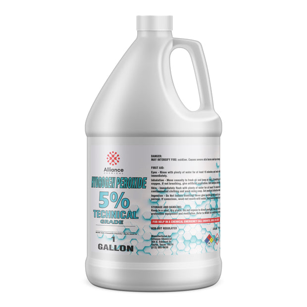 One-gallon HDPE bottle of Alliance Chemical 5% Technical Grade Hydrogen Peroxide, NFPA diamond, and hexagonal graphic design