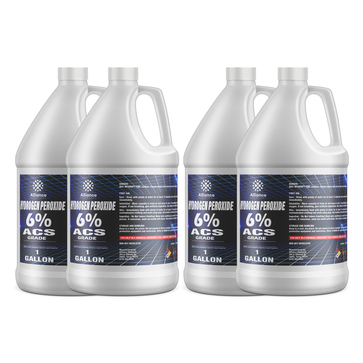 Alliance Chemical 4x1-gallon Alliance Hydrogen Peroxide 6% ACS Grade in HDPE containers blue labeling, and safety-sealed caps