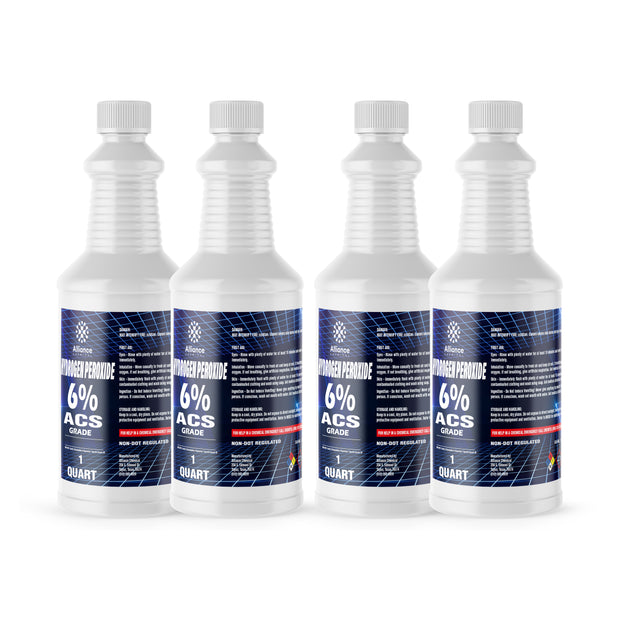 Alliance Chemical 4-Quart pack of 6% ACS-grade Hydrogen Peroxide in HDPE bottles with blue labels, non-DOT regulated