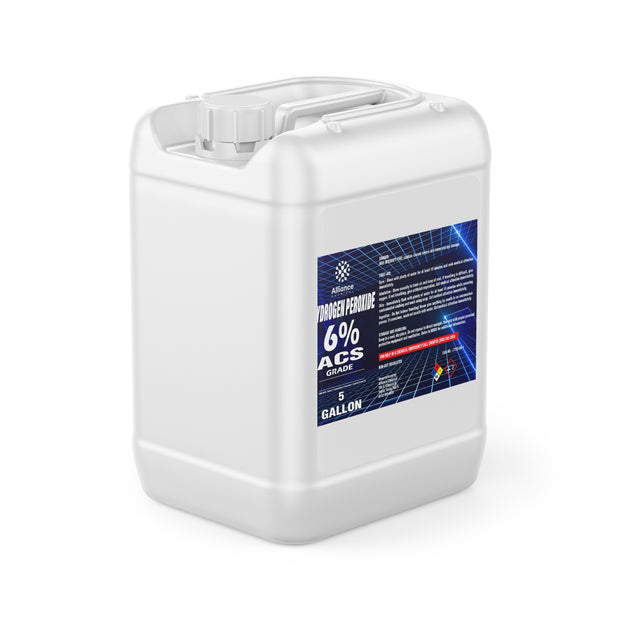 One 5-gallon HDPE jug of Alliance Chemical Hydrogen Peroxide 6% ACS Grade with a screw cap, handle, and product label.