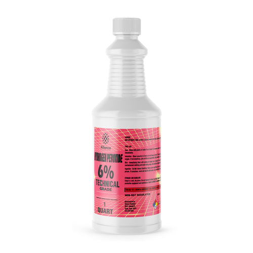 Alliance Chemical 1-quart plastic bottle of Hydrogen Peroxide 6% Technical Grade with a white screw cap and product label.