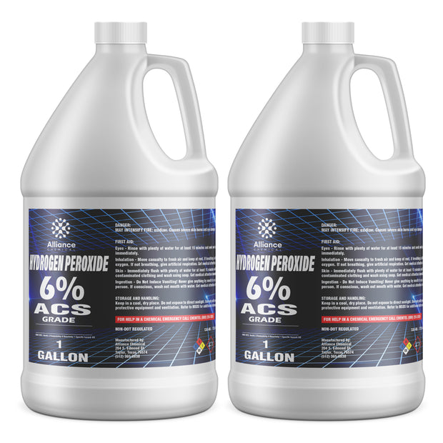 1-gallon bottles of Alliance Chemical 6% ACS-grade Hydrogen Peroxide in HDPE containers