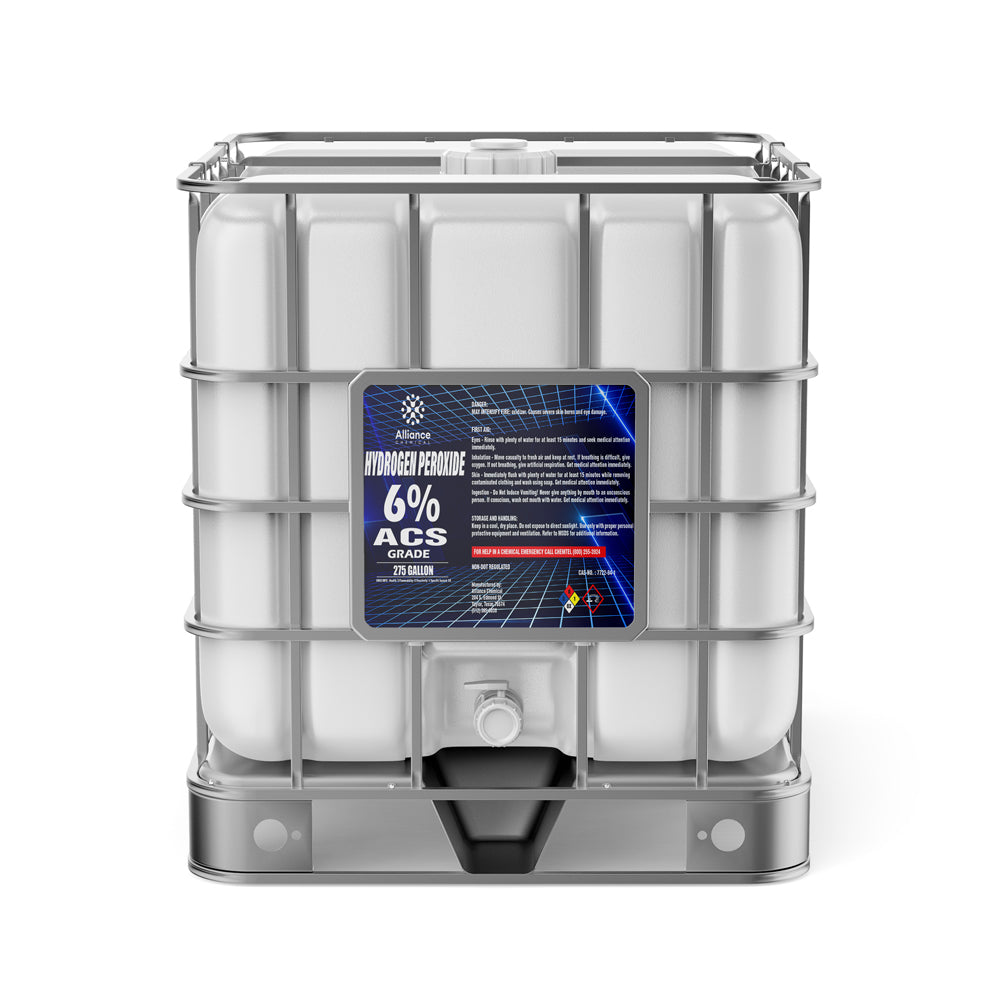 One 275-gallon tote of Alliance Chemical Hydrogen Peroxide 6% ACS Grade with a stainless steel cage and a label.
