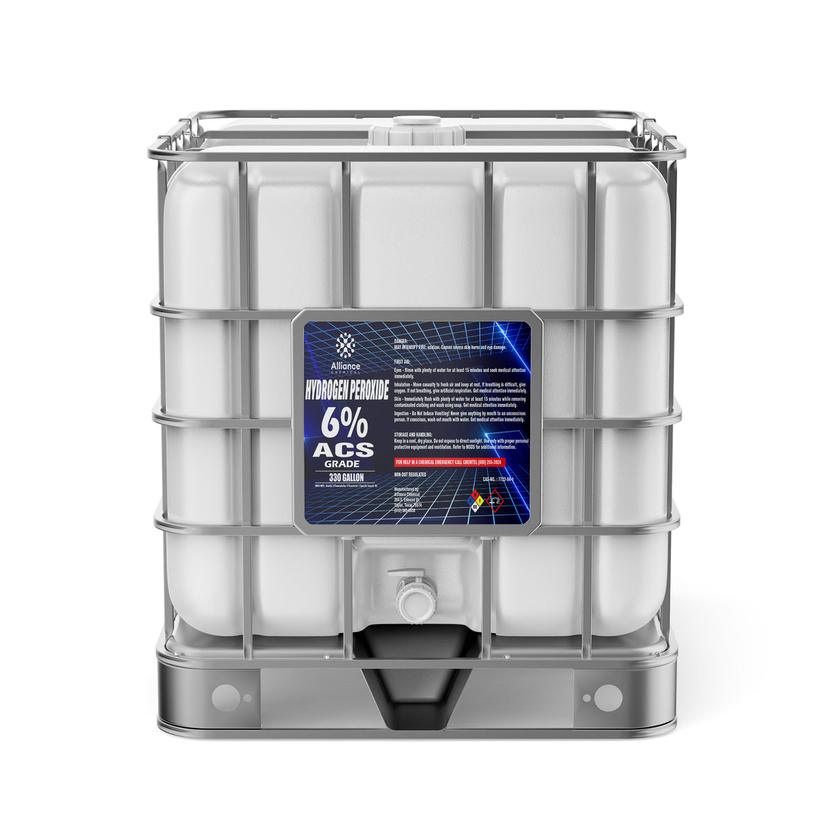 One 330-gallon tote of Alliance Chemical Hydrogen Peroxide 6% ACS Grade with a steel cage and a white plastic dispensing v...