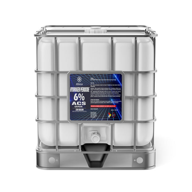 One 330-gallon tote of Alliance Chemical Hydrogen Peroxide 6% ACS Grade with a steel cage and a white plastic dispensing v...