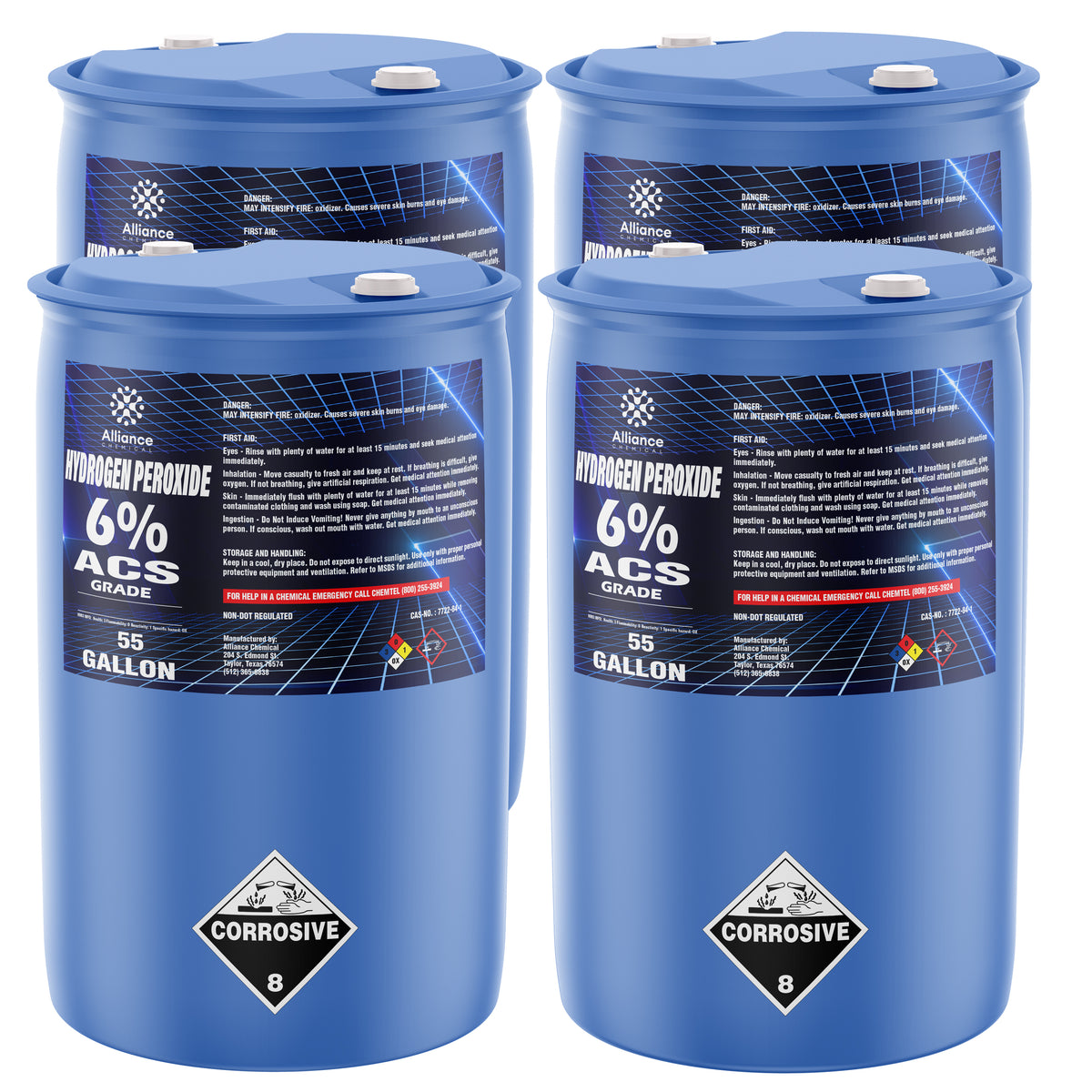 55-gallon blue drums of 6% ACS-grade Hydrogen Peroxide by Alliance Chemical NFPA diamond, and safety handling instructions