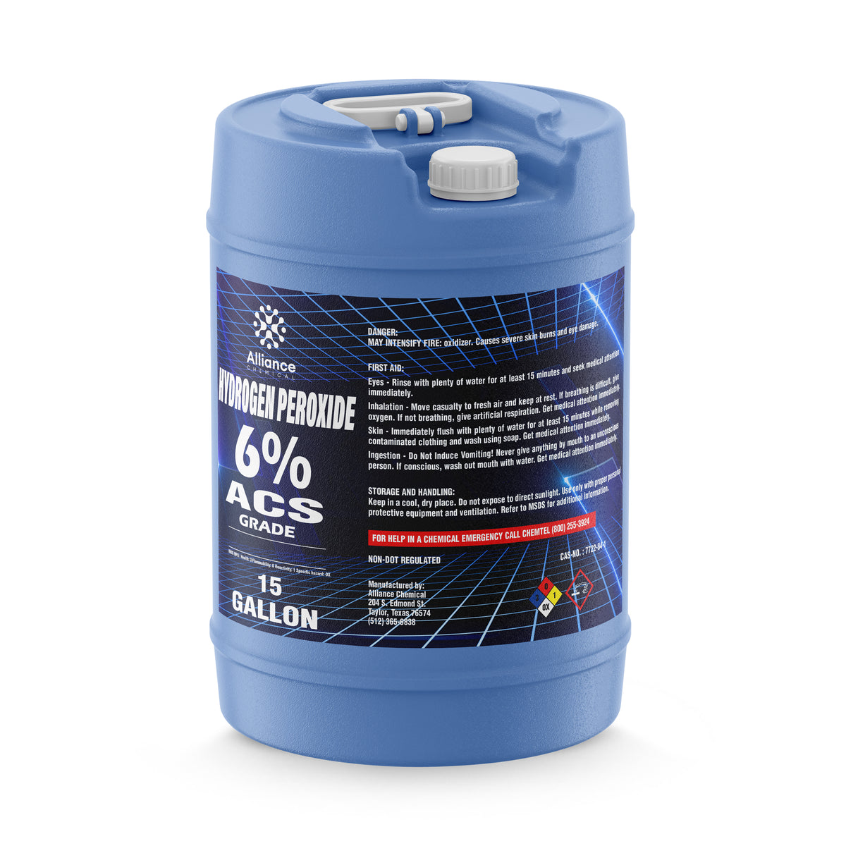 15-gallon HDPE jug of Alliance Chemical Hydrogen Peroxide 6% ACS Grade with a white cap and a label.