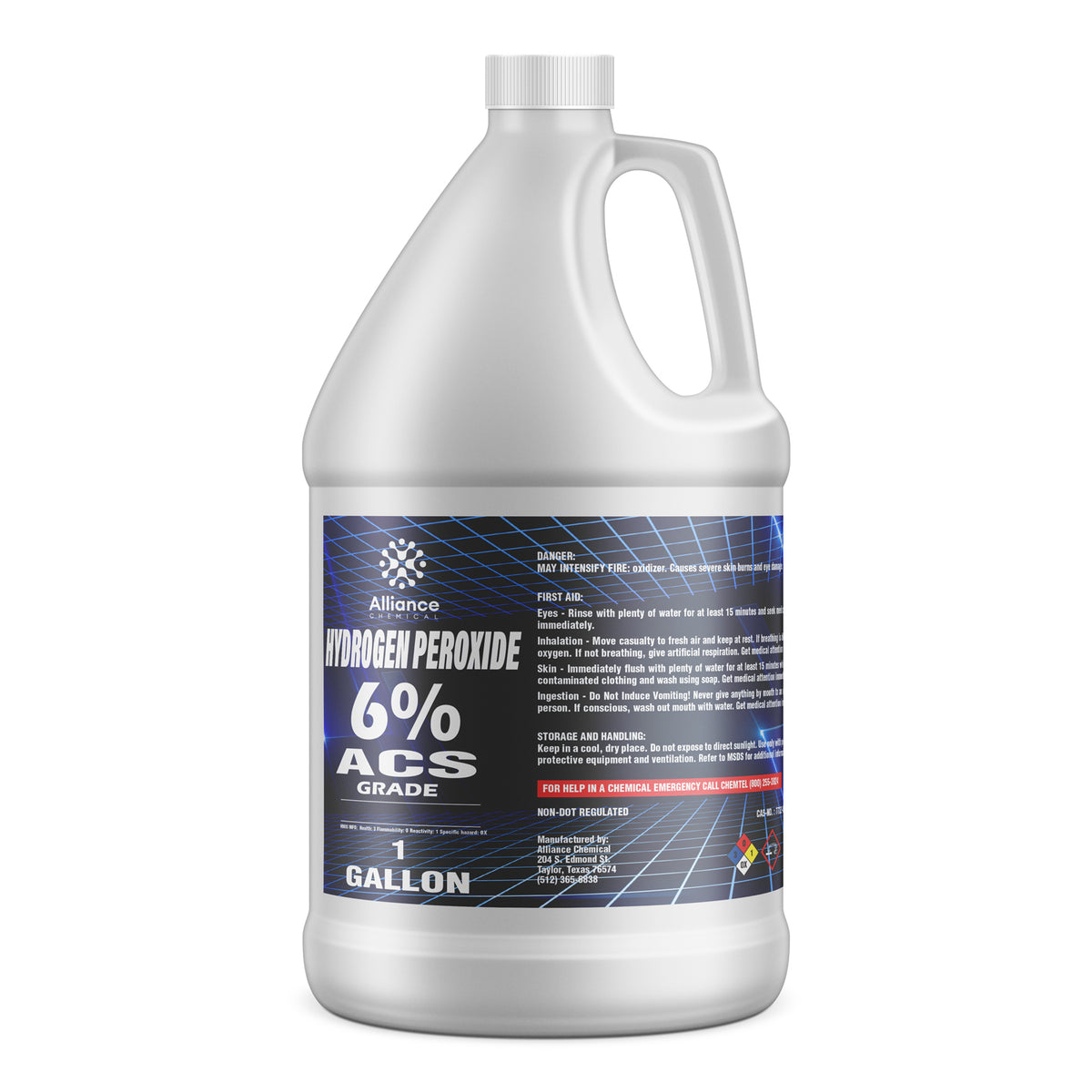 One 1-gallon HDPE jug of Alliance Chemical Hydrogen Peroxide 6% ACS Grade with a white screw cap, handle, and product label.