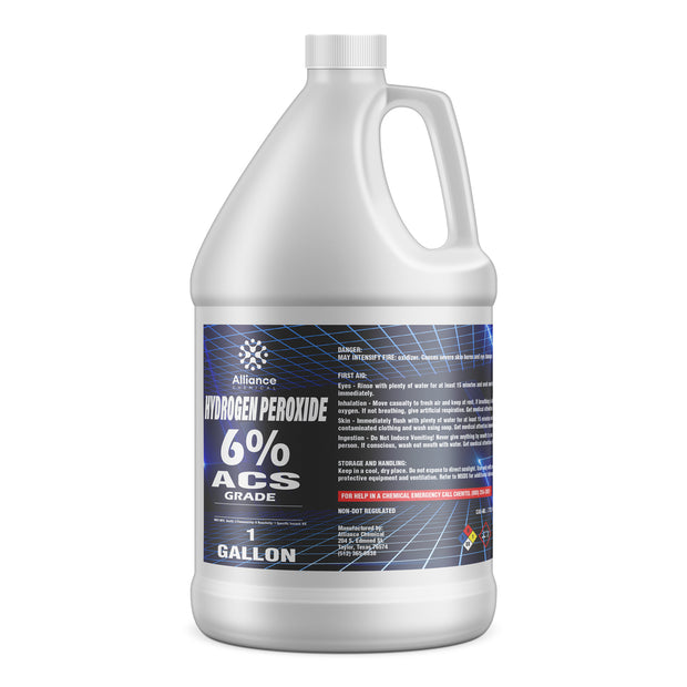 One 1-gallon HDPE jug of Alliance Chemical Hydrogen Peroxide 6% ACS Grade with a white screw cap, handle, and product label.