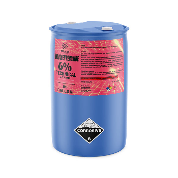 55-gallon HDPE drum of 6% Technical Grade Hydrogen Peroxide, pink Alliance Chemical label, and dual-port lid