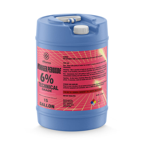 Alliance Chemical 15-gallon HDPE pail of Hydrogen Peroxide 6% Technical Grade with a white screw cap and handle.