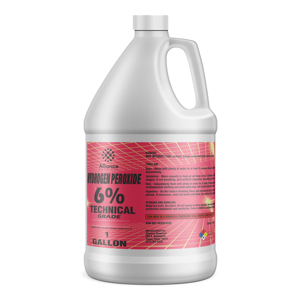 One-gallon HDPE jug of Alliance Chemical 6% Technical Grade Hydrogen Peroxide hazard diamonds, and childproof cap