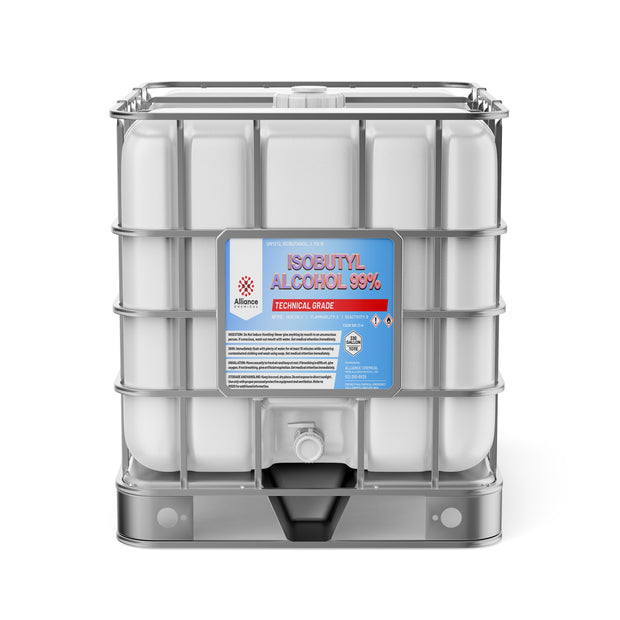 Alliance Chemical Isobutyl Alcohol 99% in a 330-gallon plastic tote with a steel cage and a blue and red label.