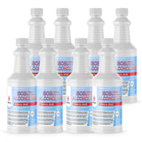 Seven 1-quart plastic bottles of Alliance Chemical Isobutyl Alcohol 99% with white screw caps and product labels