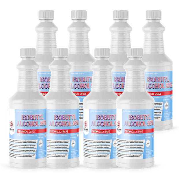 Seven 1-quart plastic bottles of Alliance Chemical Isobutyl Alcohol 99% with white screw caps and product labels