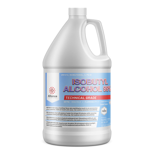 Alliance Chemical One-gallon HDPE jug of technical-grade Isobutyl Alcohol 99% NFPA diamond, and safety warnings for UN1212