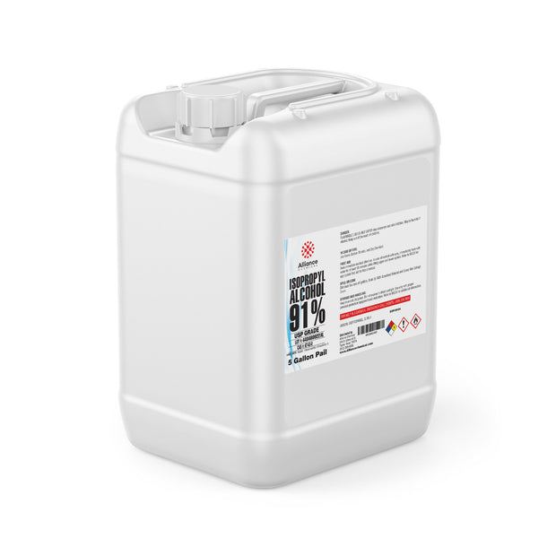 5-gallon HDPE pail of USP-grade 91% Isopropyl Alcohol by Alliance Chemical