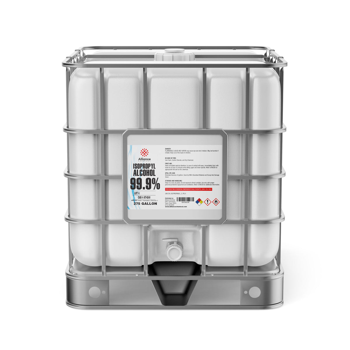 Alliance Chemical 275-gallon HDPE tote of Isopropyl Alcohol 99.9% ACS Reagent Grade with a steel cage.