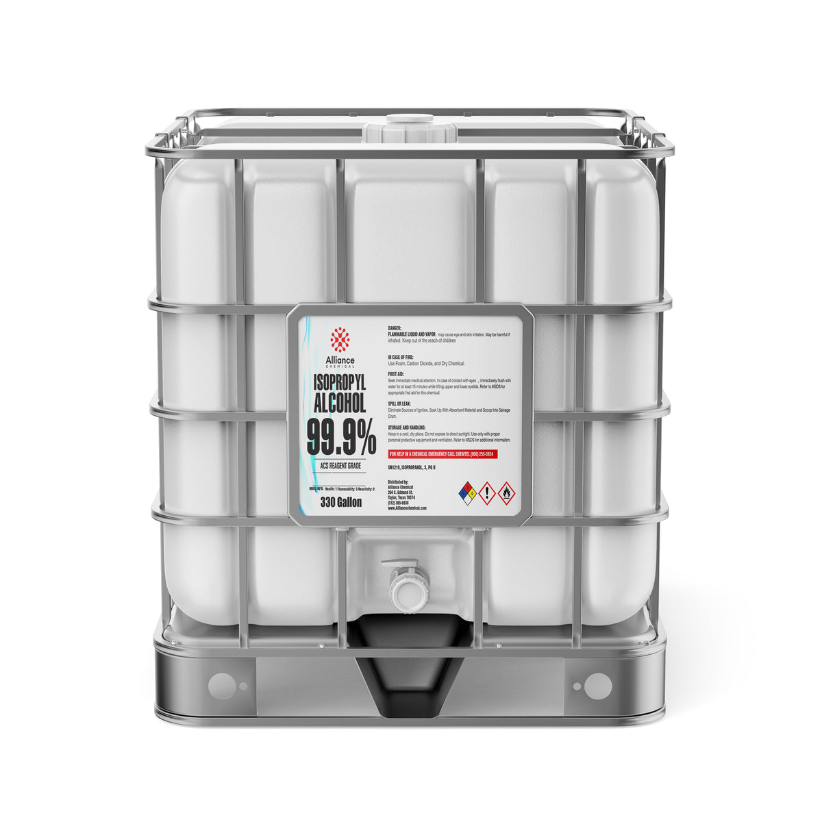 Alliance Chemical Isopropyl Alcohol 99.9% ACS Reagent Grade in a 330-gallon HDPE tote with a steel cage.
