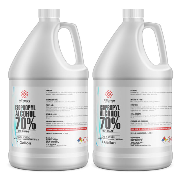 Two 1-gallon bottles of Alliance Chemical 70% Isopropyl Alcohol USP Grade with NFPA diamond hazard labels, and HDPE