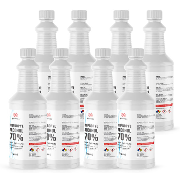 Seven 1-quart plastic bottles of Alliance Chemical Isopropyl Alcohol 70% USP Grade with white caps and labels