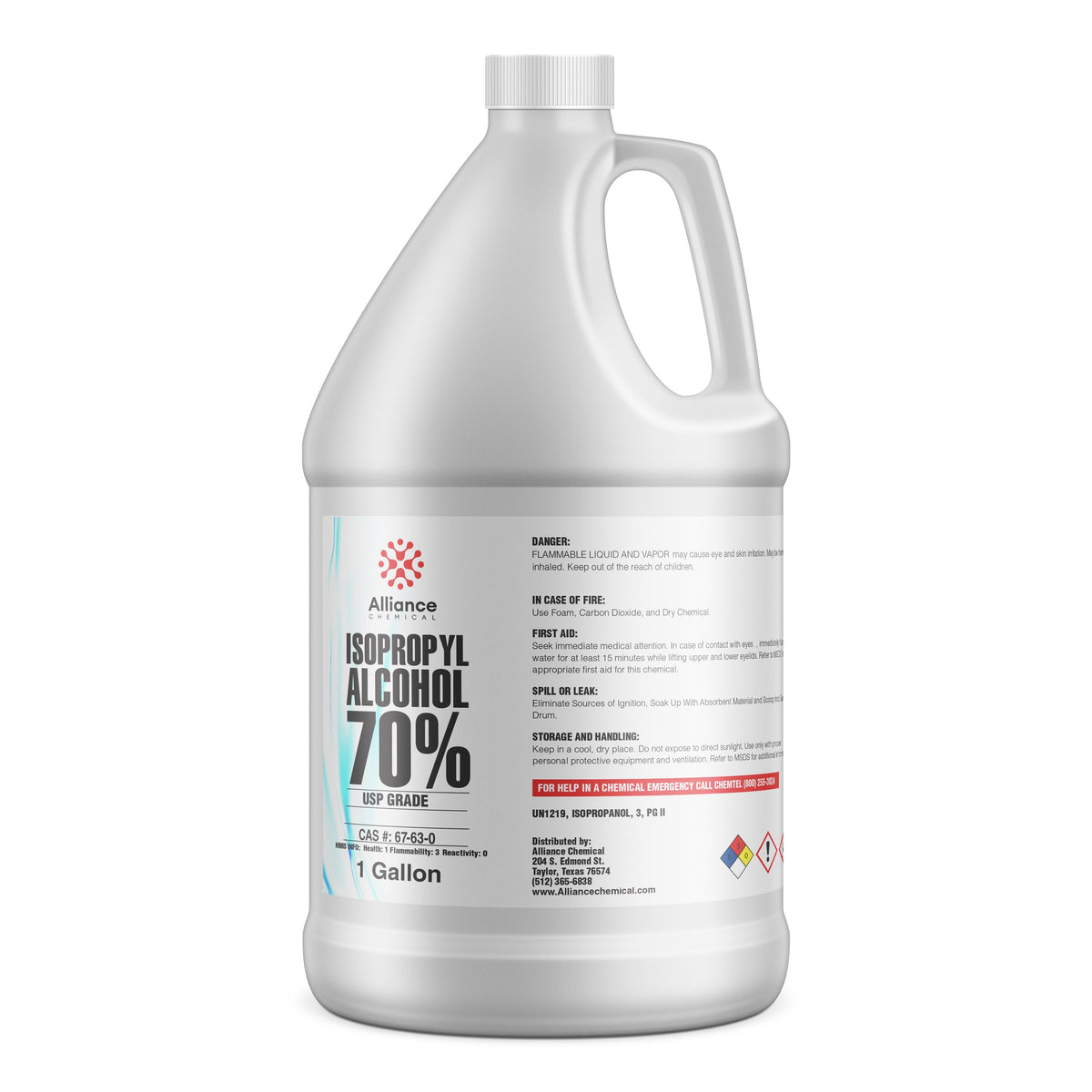 1-gallon HDPE bottle of 70% USP-grade isopropyl alcohol by Alliance Chemical, NFPA diamond, and flammable liquid labeling