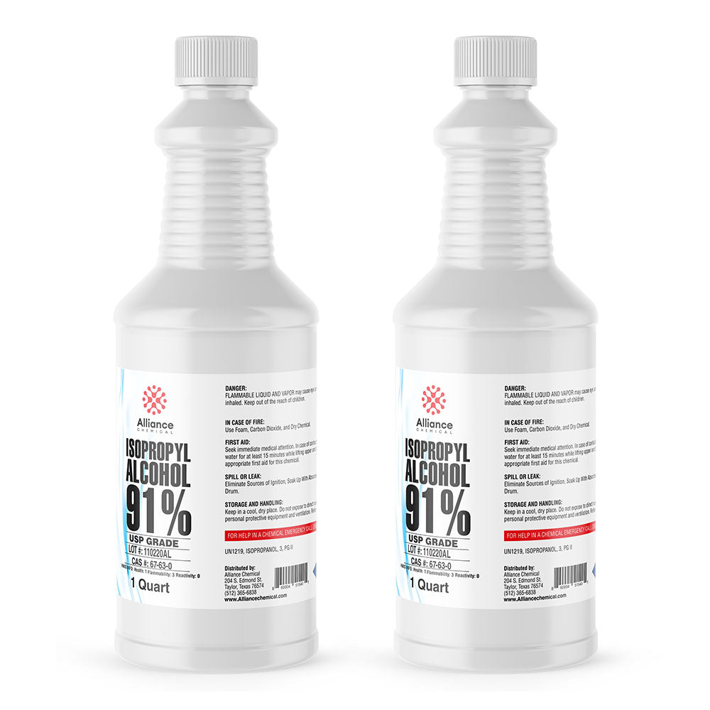 Alliance Chemical 1-quart bottles of USP-grade 91% Isopropyl Alcohol in ribbed HDPE containers