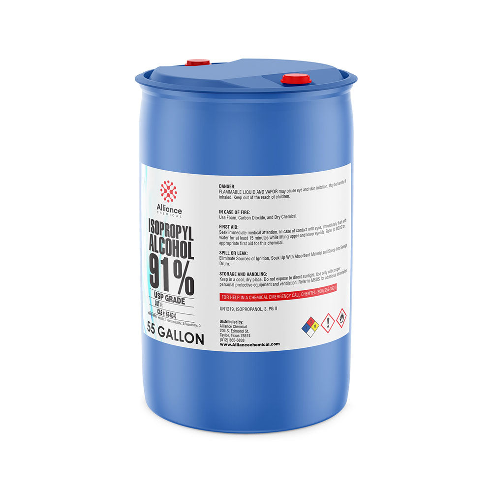 One 55-gallon plastic drum of Alliance Chemical Isopropyl Alcohol 91% USP Grade with a blue body and red caps.