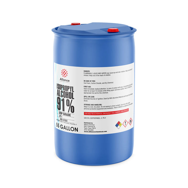 One 55-gallon plastic drum of Alliance Chemical Isopropyl Alcohol 91% USP Grade with a blue body and red caps.