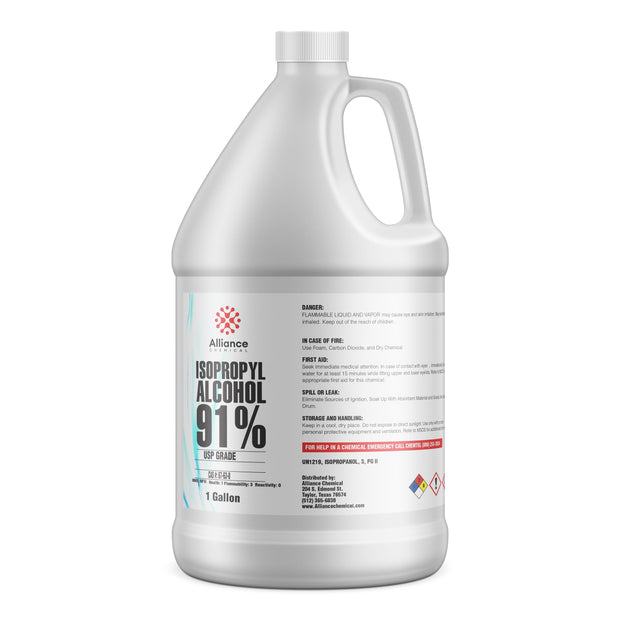 One-gallon USP-grade 91% Isopropyl Alcohol in HDPE jug with flammable liquid warning labels, Alliance Chemical