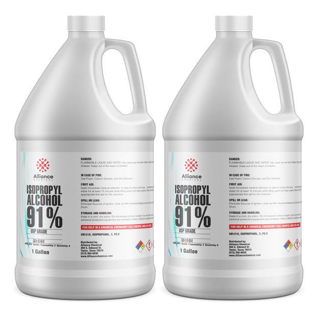 Two 1-gallon HDPE jugs of Alliance Chemical Isopropyl Alcohol 91%- USP Grade with white screw caps and product labels