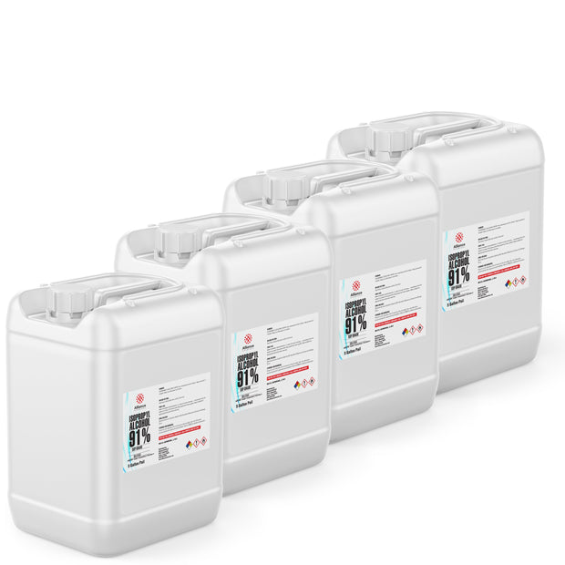 Four 5-gallon HDPE pails of Alliance Chemical Isopropyl Alcohol 91% - USP Grade with labels and handles