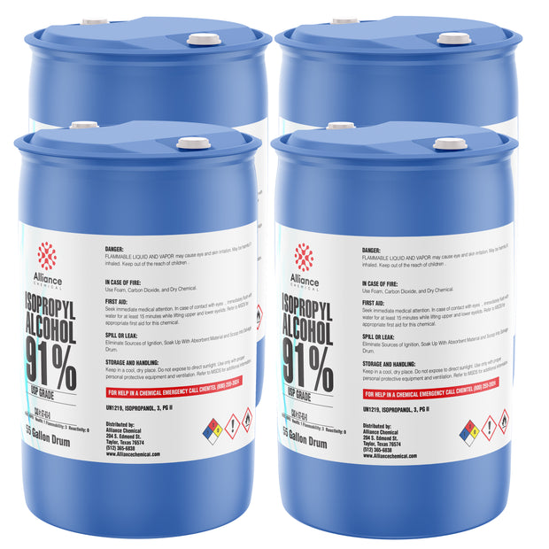 55-gallon blue drums of Alliance Chemical USP-grade 91% Isopropyl Alcohol, flammable liquid warning labels, NFPA diamond
