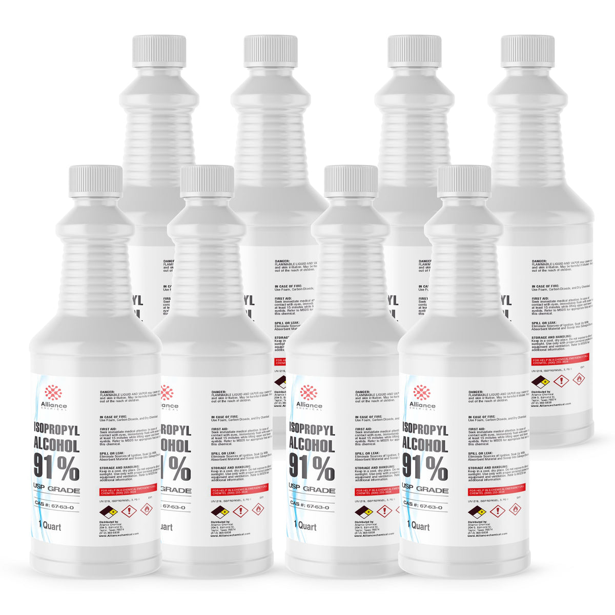 Seven 1-quart plastic bottles of Alliance Chemical Isopropyl Alcohol 91% USP Grade with white ribbed caps